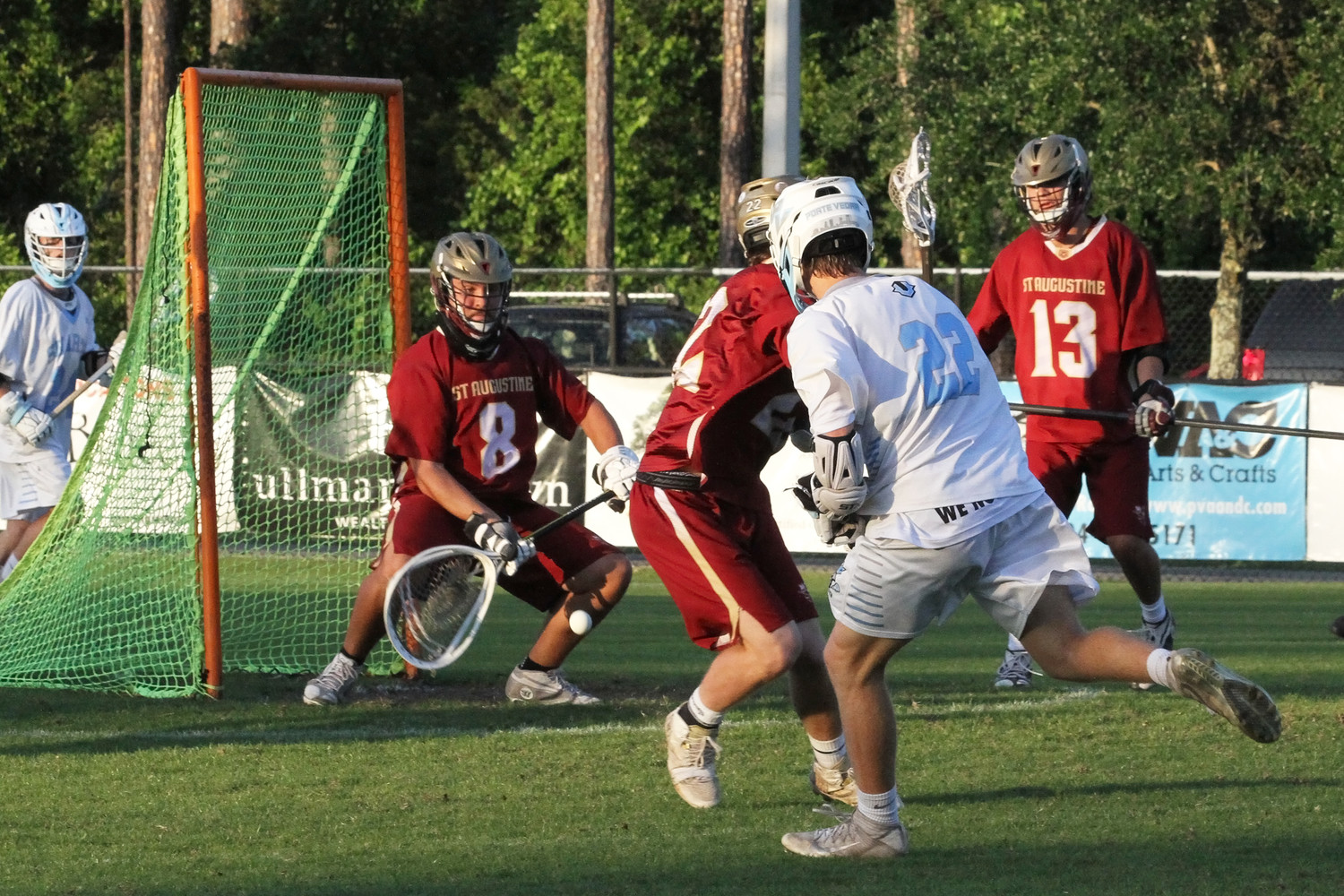 Ponte Vedra’s Carter Parlette shoots low at the St. Augustin goal.